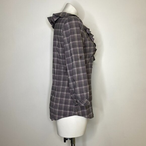 Outback Red Grey Plaid Button Down Ruffle Top - Picture 3 of 6